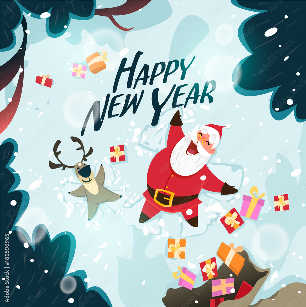 Happy Santa Claus and reindeer making a Snow Angel. Cute Christmas characters for Holiday design. Christmas Greeting Card for invitation, congratulation. Vector illustration Happy Santa Claus and reindeer making a Snow Angel. Cute Christmas characters for Holiday design. Christmas Greeting Card for invitation, congratulation. Vector illustration
