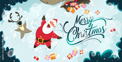 Happy Santa Claus and reindeer making a Snow Angel. Cute Christmas characters for Holiday design. Christmas Greeting Card for invitation, congratulation. Vector illustration