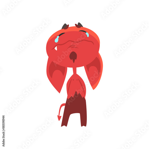 Crying cartoon devil with big drooping ears, horns and tail isolated on white. Flat vector design of red demon with tears on face