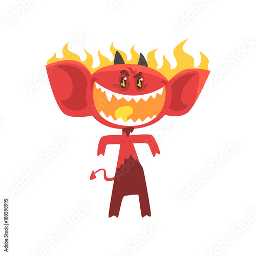 Cartoon flaming fire devil isolated on white. Angry red monster character with shiny eyes, big ears, horns and tail