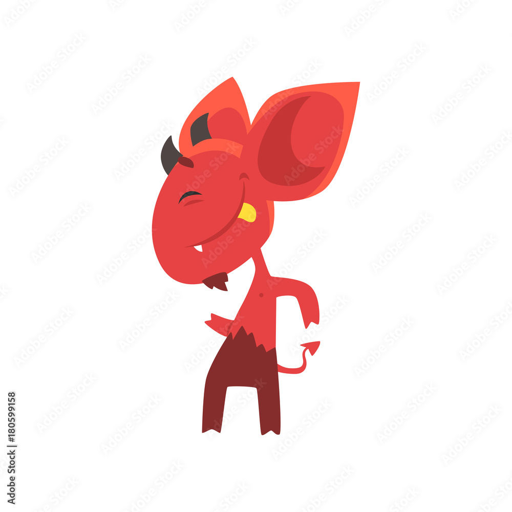 Cheerful little devil dancing and showing his tongue. Red demon character with horns, big ears and tail. Flat vector design Cheerful little devil dancing and showing his tongue. Red demon character with horns, big ears and tail. Flat vector design