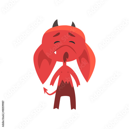 Little red devil with droopy ears showing very upset face expression. Cute fictional monster character in flat style