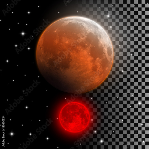Realistic blood moon vector illustration. Red and orange full moon in lunar eclipse phase isolated on night sky and transparent background. Vampire moon Halloween decoration element.