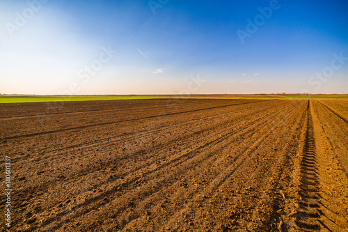 Agricultural landscape  arable crop field. Arable land is the land under temporary agricultural crops capable of being ploughed and used to grow crops.