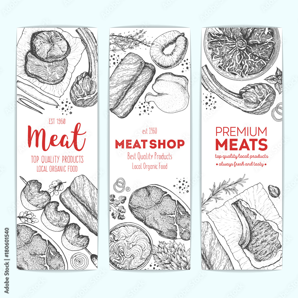 Meat top view, banner collection. Vector illustration set. Engraved design. Hand drawn illustration. Meat products design template.