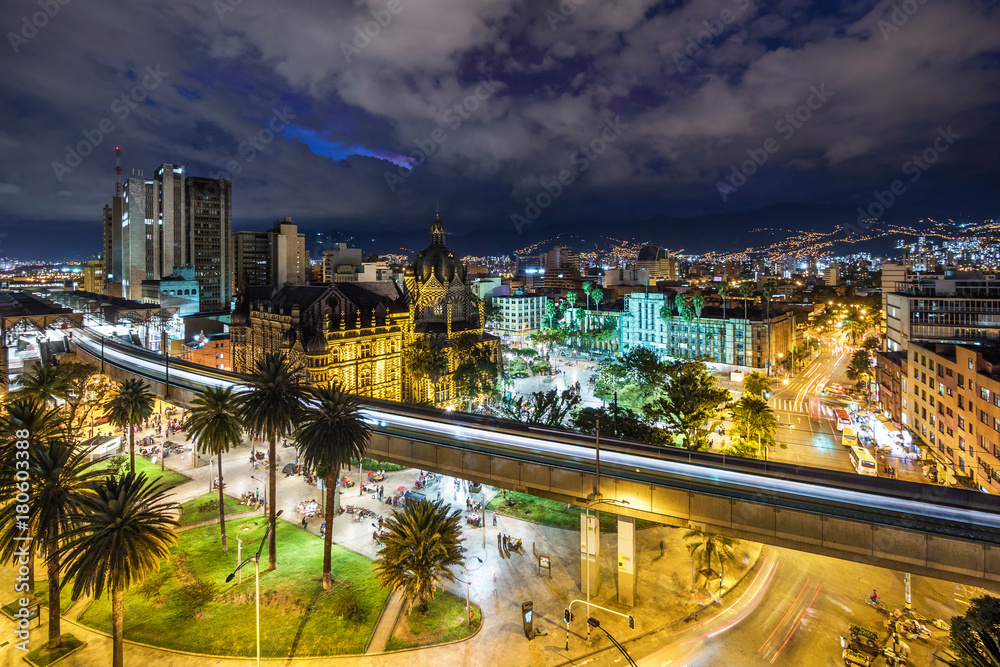 Fototapeta premium Plaza Botero square and Downtown Medellin at dusk in Medellin, Colombia.