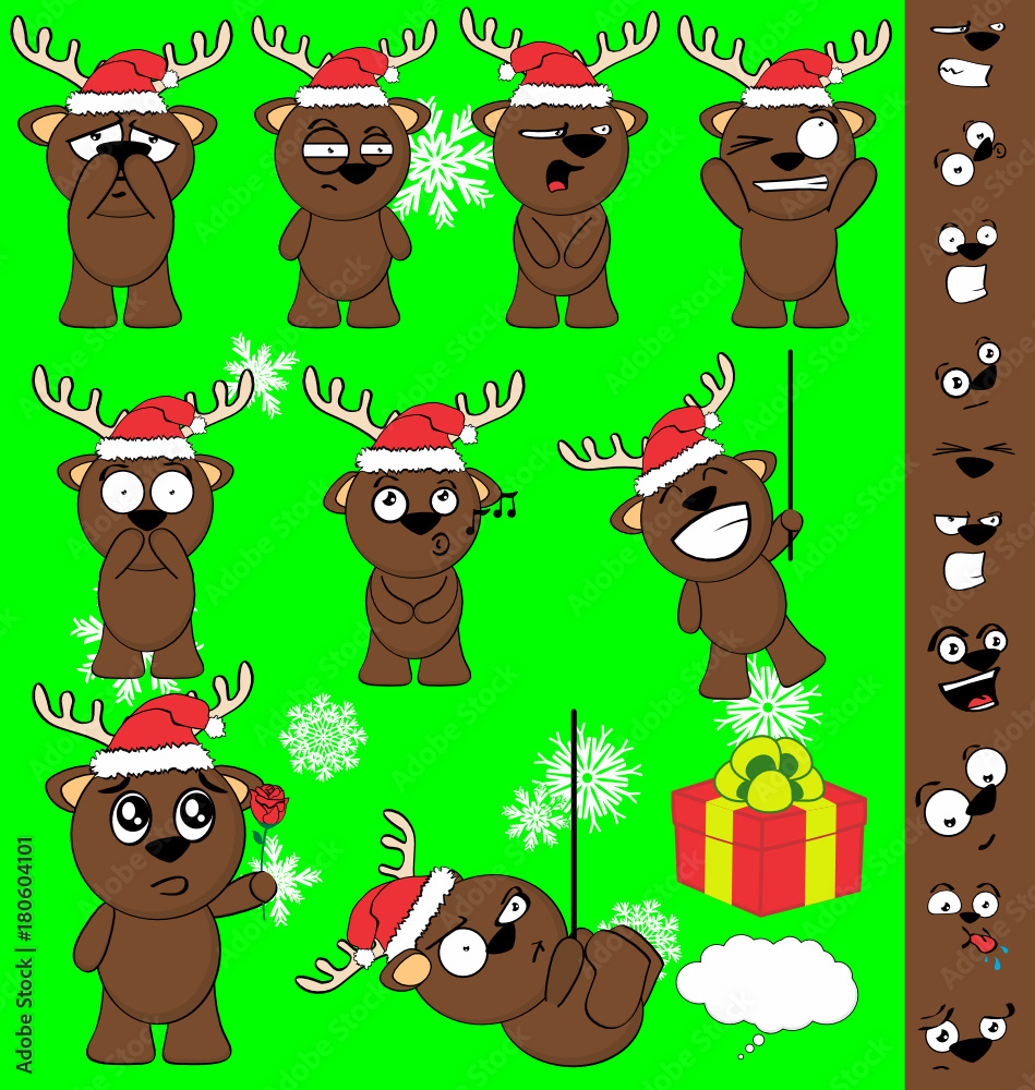 Fototapeta premium xmas baby funny deer cartoon santa claus hat set in vector format 