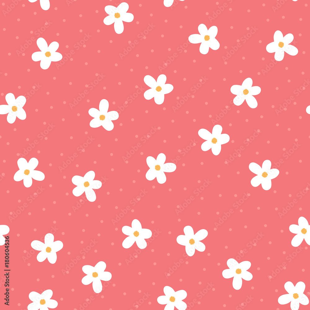 Cute flowers and round dots. Girly floral seamless pattern.