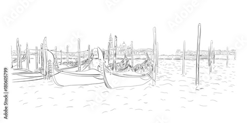 Gondolas near Saint Mark square with San Giorgio di Maggiore church in Venice, Italy. Vector drawing
