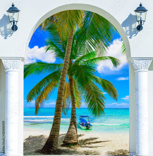 wooden open door arch exit to the beach caribbean dominican republic