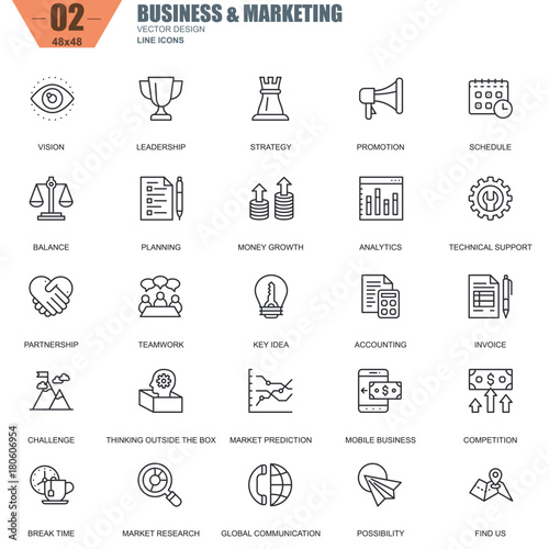 Thin line business and marketing icons set for website and mobile site and apps. Contains such Icons as Leadership, Vision, Accounting. 48x48 Pixel Perfect. Editable Stroke. Vector illustration.