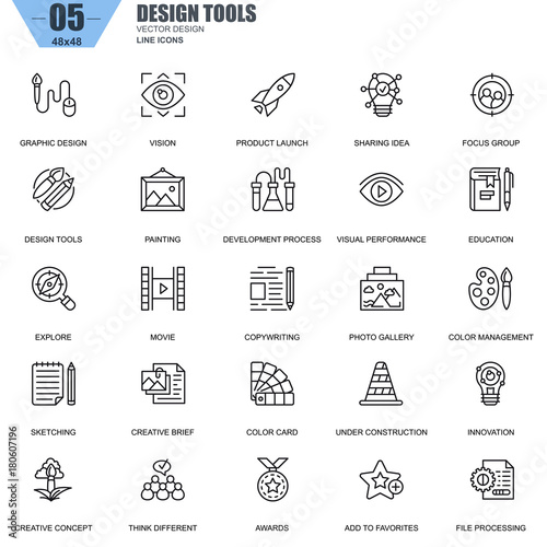 Thin line design tools, art and media icons set for website and mobile site and apps. Contains such Icons as Innovation, Vision, Painting. 48x48 Pixel Perfect. Editable Stroke. Vector illustration.