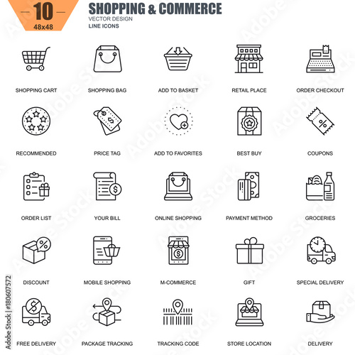 Thin line online shopping and e-commerce icons set for website and mobile site and apps. Contains such Icons as Basket, Delivery, Price Tag. 48x48 Pixel Perfect. Editable Stroke. Vector illustration.