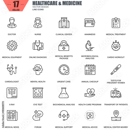 Thin line healthcare and medicine, hospital services icons set for website and mobile site and apps. Contains such Icons as Doctor, Nurse. 48x48 Pixel Perfect. Editable Stroke. Vector illustration.