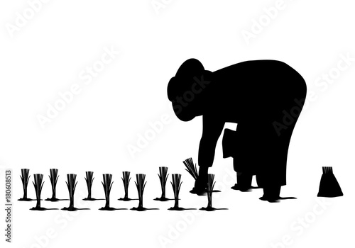 silhouette farmer transplant rice seeding vector design