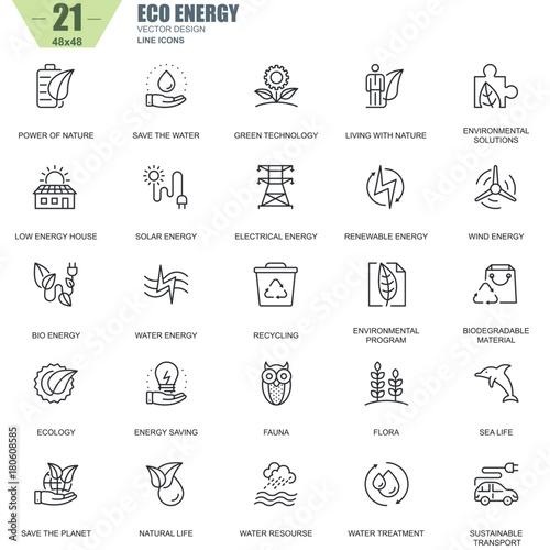 Thin line environment, renewable energy technology icons set for website and mobile site apps. Contains such Icons as Eco, Green Technology. 48x48 Pixel Perfect. Editable Stroke. Vector illustration.