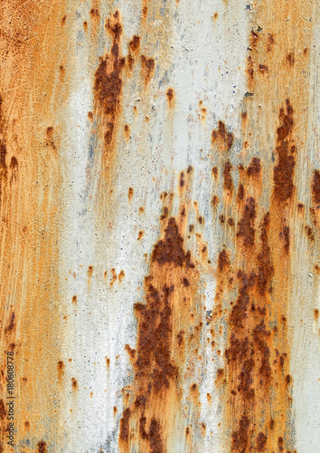 Rusty metal background with old cracked paint orange white brown rough texture square shape