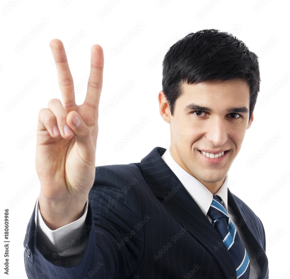 Businessman showing two fingers or victory sign Businessman showing two fingers or victory sign
