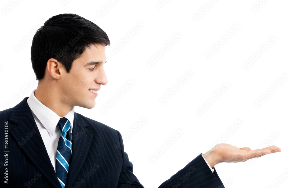 Business man showing, isolated Business man showing, isolated