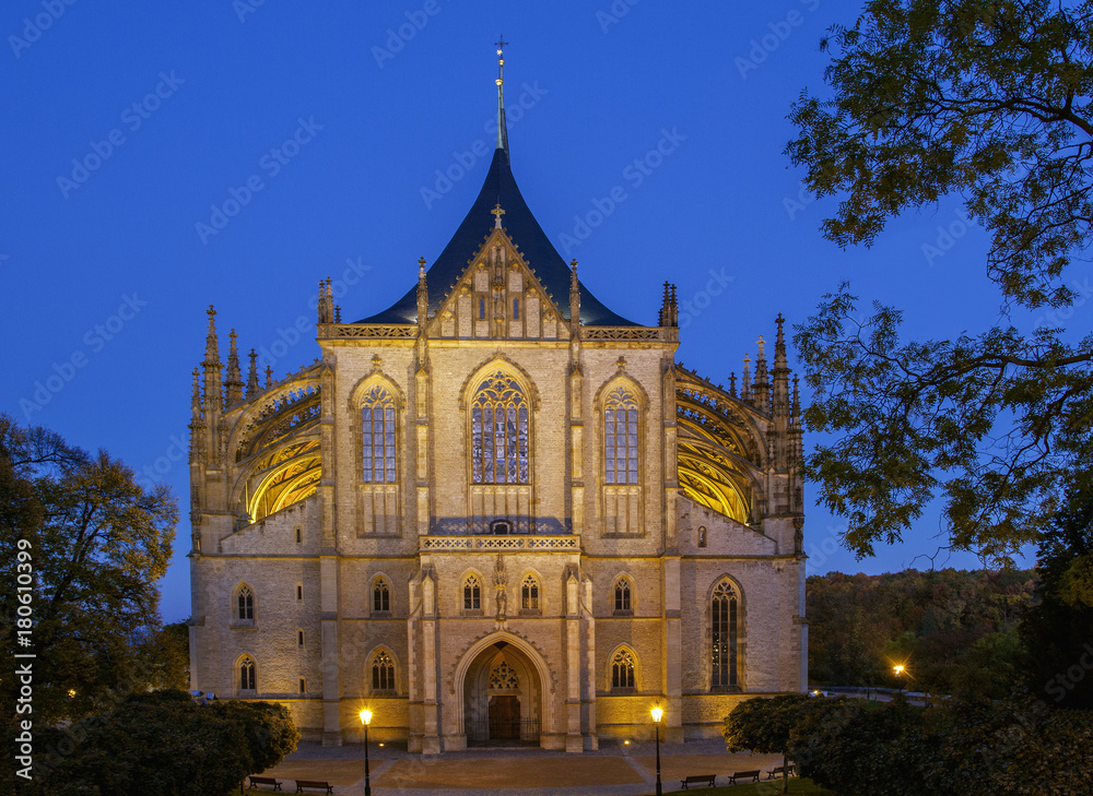 The historical center of Kutná Hora.  View to Church the  of St. BarbaraIn the evening. One of the most famous Gothic churches in central Europe UNESCO World Heritage.Czech Republic. 