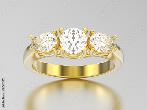 3D illustration yellow gold three stone diamond ring