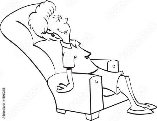 Black and white illustration of a woman resting in a chair.