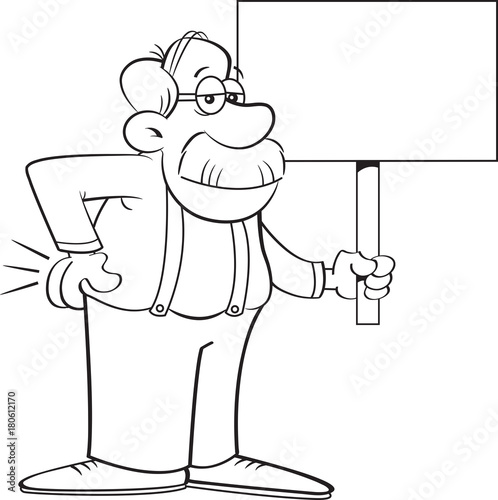 Black and white illustration of an old man holding a sign.
