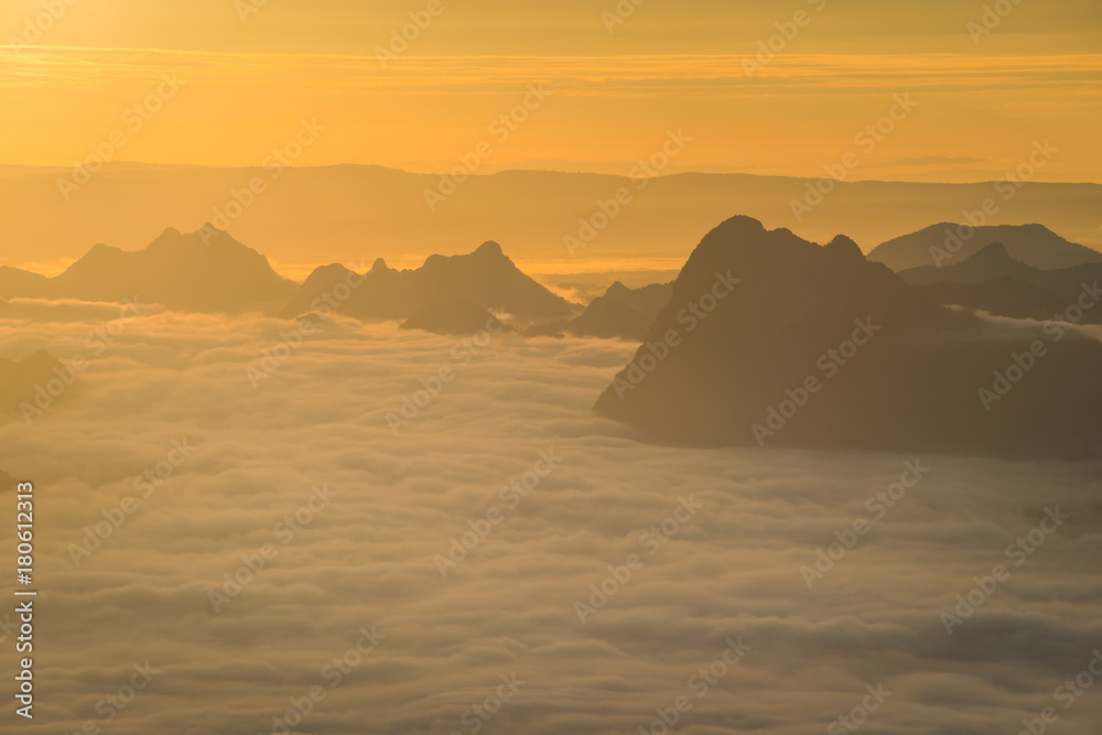 Sunrise and the mist in winter morning