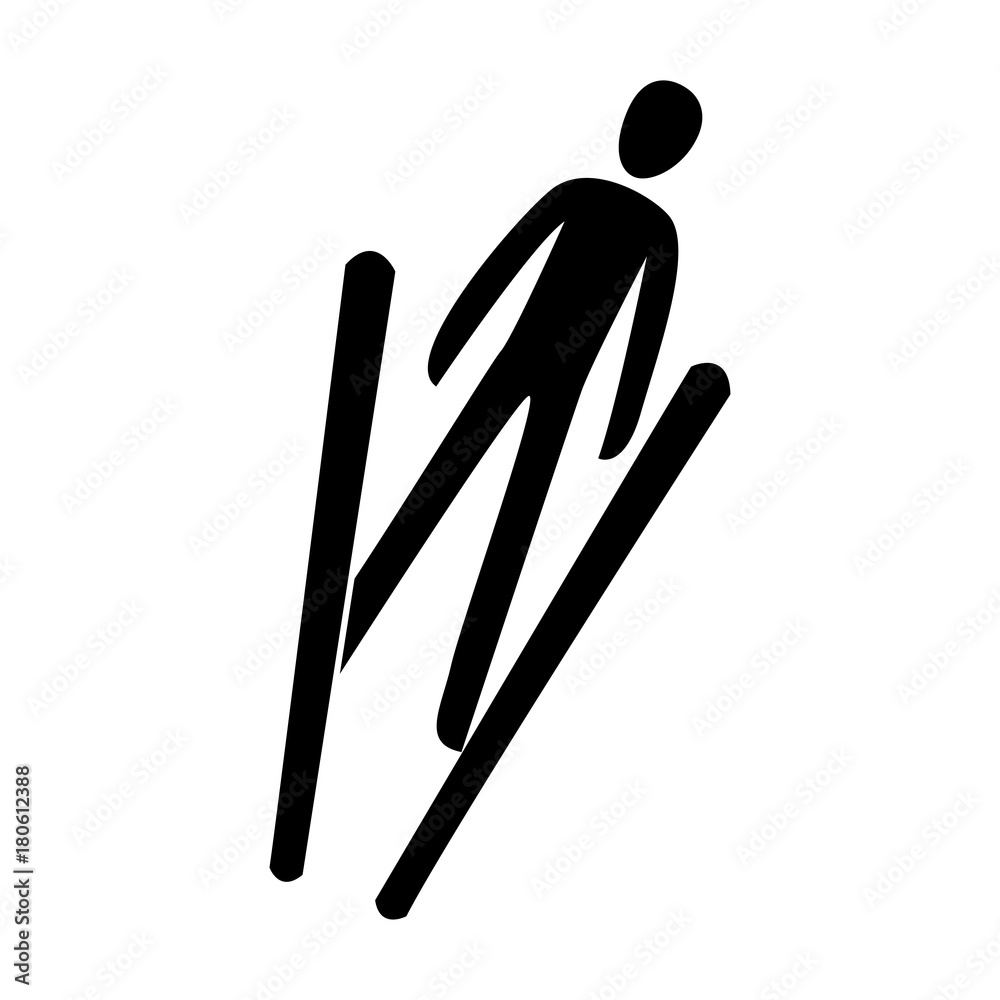 Silhouette ski jumping athlete isolated. Winter sport games discipline. Black white flat slyle design vector illustration. Web pictogram icon symbol Silhouette ski jumping athlete isolated. Winter sport games discipline. Black white flat slyle design vector illustration. Web pictogram icon symbol