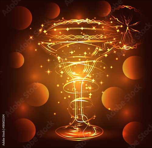 Golden outline of a glass with a cocktail on a brown background, disco, club, neon glow