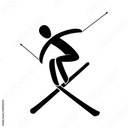 Silhouette freestyle skier jumping isolated. Winter sport games Aerials, mogul, ski cross, Slopestyle, Halfpipe. Black and white flat slyle design vector illustration.Web pictogram icon symbol