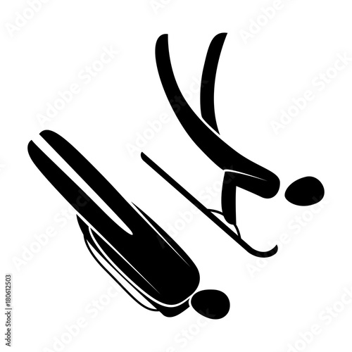 Silhouette athlete driving bobsled, bobsleigh, skeleton, luge isolated. Winter sport games discipline. Black and white flat slyle design vector illustration. Web pictogram icon symbol