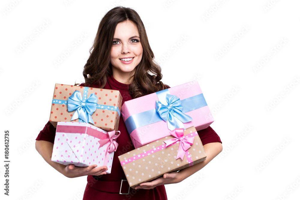 Beautiful happy woman with gift boxes isolated on white background. Beautiful happy woman with gift boxes isolated on white background.