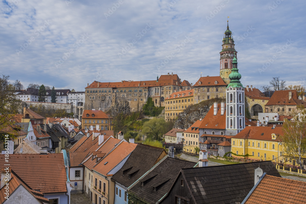 View of castle and houses in Cesky Krumlov, Czech Republic.