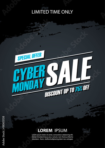 Cyber Monday Sale promotional poster with brush stroke background for commerce, business and advertising. Vector illustration.