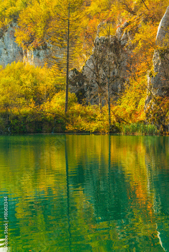 Colorful autumn landscape, trees reflecting on water on Plitvice Lakes National Park in Croatia 