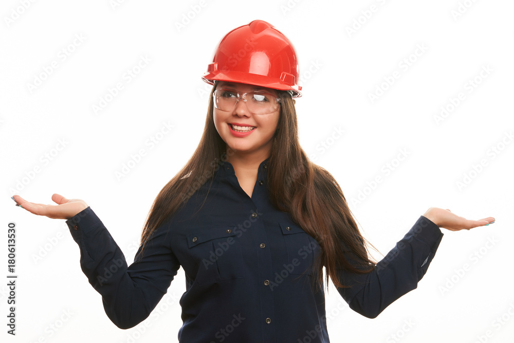 Engineer or architect construction worker woman in protective hard hat Engineer or architect construction worker woman in protective hard hat