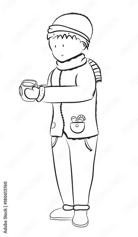 boy in warm clothes drinks fragrant beverage, vector image,outline style,black and white picture boy in warm clothes drinks fragrant beverage, vector image,outline style,black and white picture