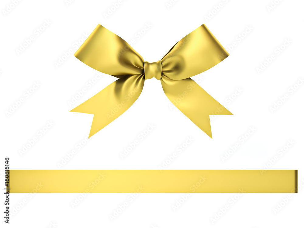 Golden gift ribbon bow isolated on white background . 3D rendering. Golden gift ribbon bow isolated on white background . 3D rendering.