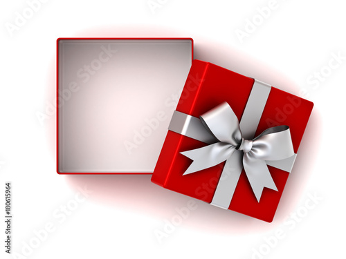 Open red gift box or present box with silver ribbon bow and empty space in the box isolated on white background with shadow . 3D rendering. © masterzphotofo