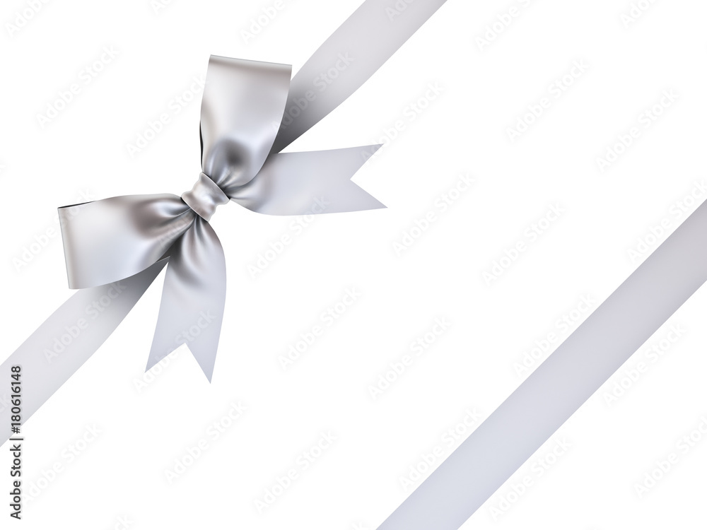 Silver gift ribbon bow isolated on white background . 3D rendering. Silver gift ribbon bow isolated on white background . 3D rendering.