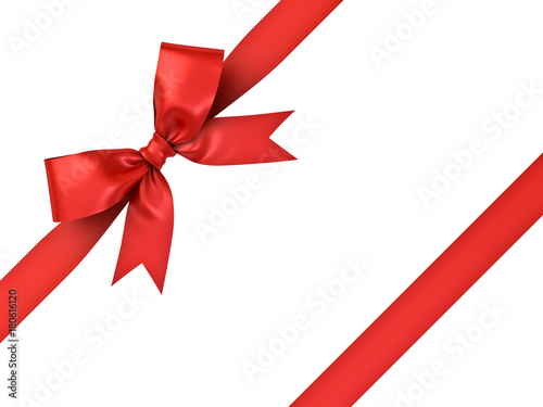 Red gift ribbon bow isolated on white background . 3D rendering.
