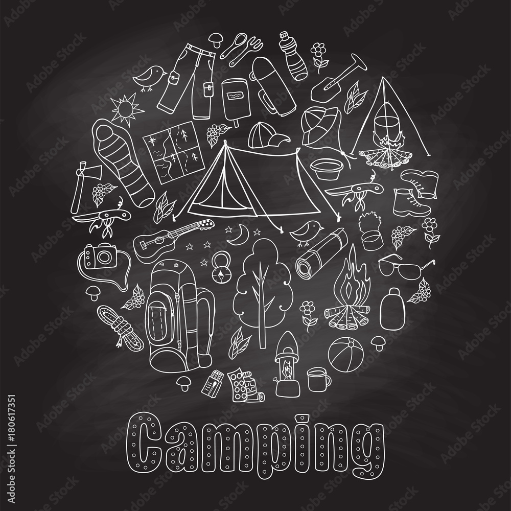 Set of hand drawn sketch camping equipment symbols and icons whis ...