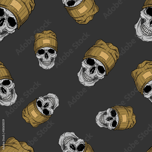 vector seamless pattern with skulls in cap