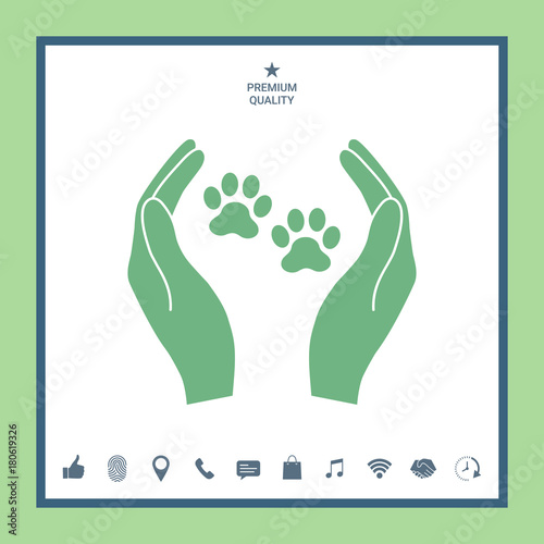 Shelter pets sign icon. Hands holds paw symbol. Animal protection