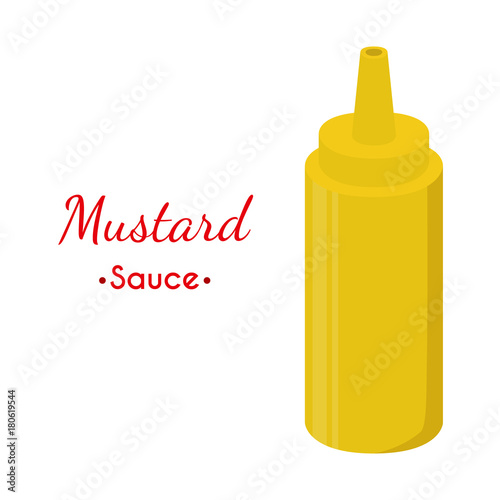 Mustard sauce bottle, yellow spicy condiment. Cartoon flat style. Vector