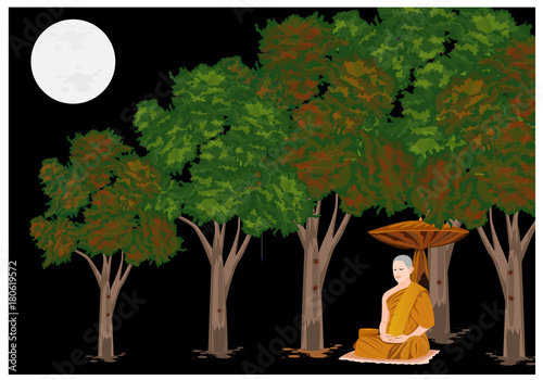 in full moon night monk meditation in forest vector design