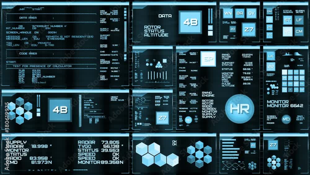 Light blue futuristic interface/Digital screen/Detailed abstract background. Blinking and switching indicators of command center computer,processing data, AI.