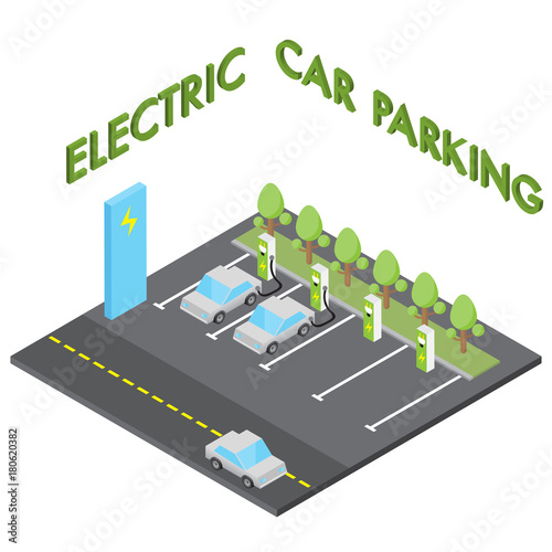 Electric car parking concept, isometric vehicle charging station isolated vector