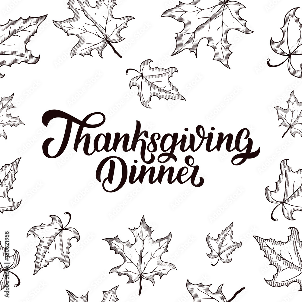 Obraz premium Thanksgiving Dinner brush hand lettering, isolated on white background. Calligraphy vector illustration.